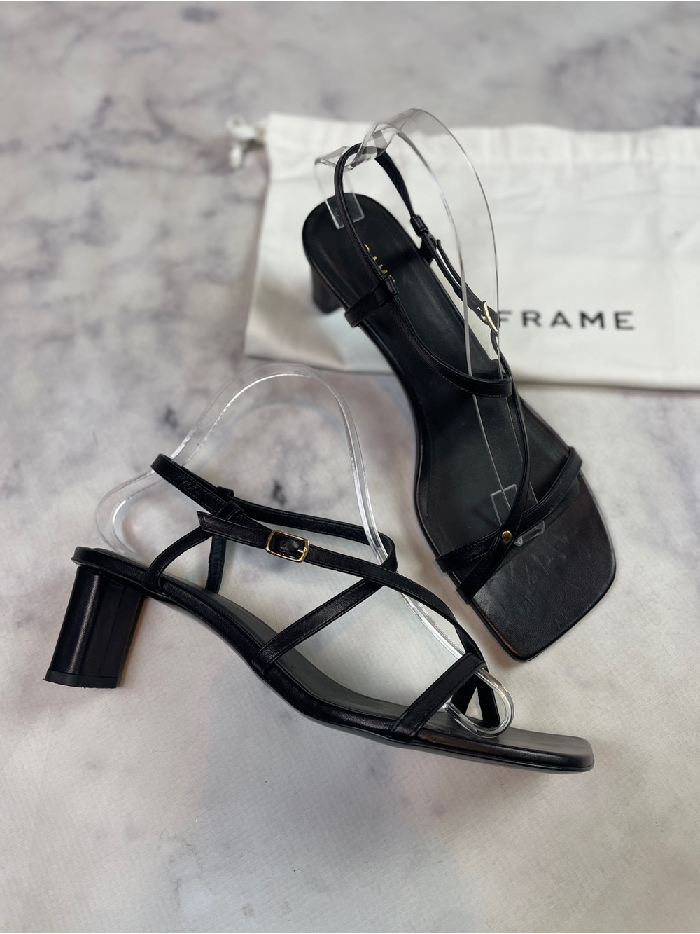 FRAME Le Braxton Black Strappy Leather Heel Sandals Sz 38.5
